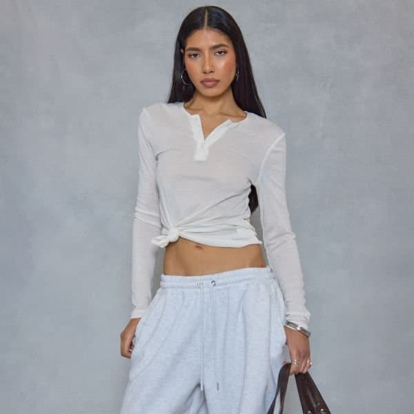 EGO EGO Cream Sheer Long Sleeve Button Up Knot Tie Top