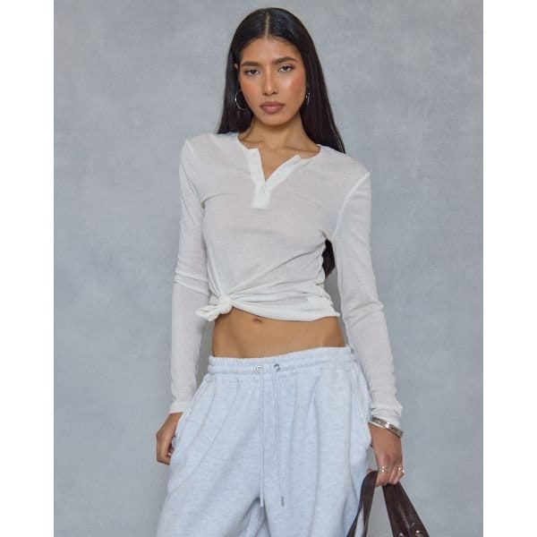 EGO Long Sleeve Button Up Knot Tie Detail Top In Cream Sheer, Women's Size UK 6 - 2