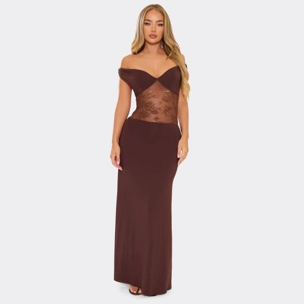EGO Off The Shoulder Contrast Lace Panel Maxi Dress In Brown, Women's Size UK 8 - 1
