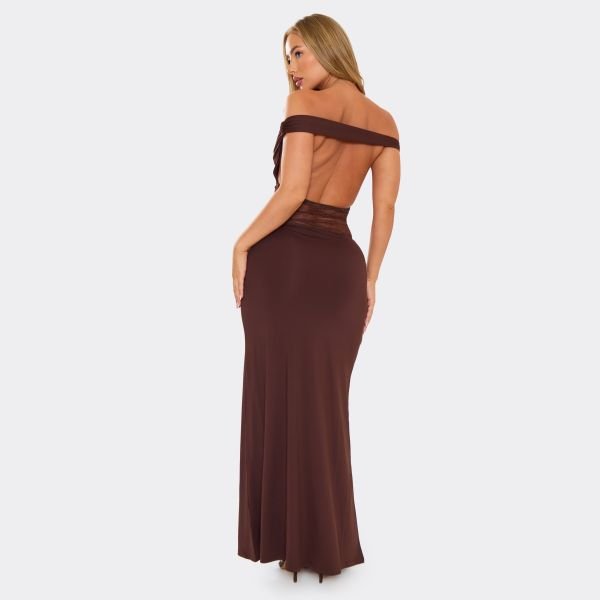 EGO Off The Shoulder Contrast Lace Panel Maxi Dress In Brown, Women's Size UK 8 - 2