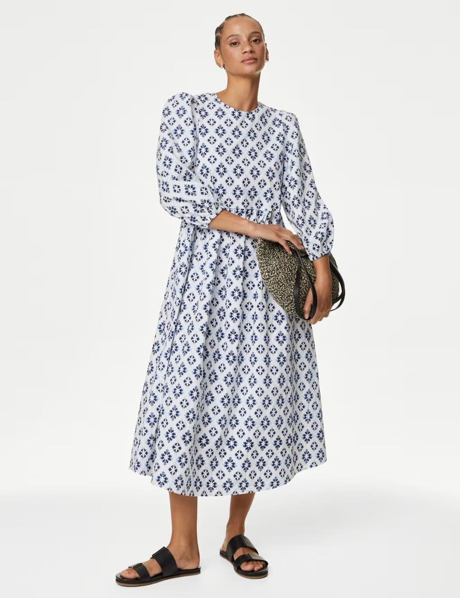 Marks & Spencer M&S Cotton Rich Printed Midi Waisted Dress Blue Mix