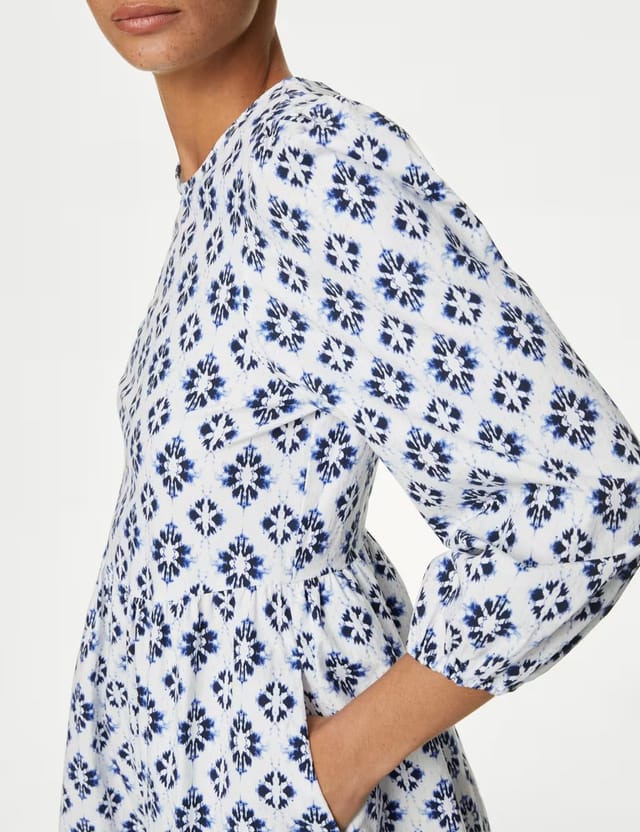 Marks & Spencer M&S Cotton Rich Printed Midi Waisted Dress Blue Mix - 2