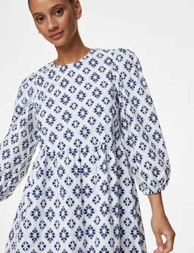 Marks & Spencer M&S Cotton Rich Printed Midi Waisted Dress Blue Mix - 3
