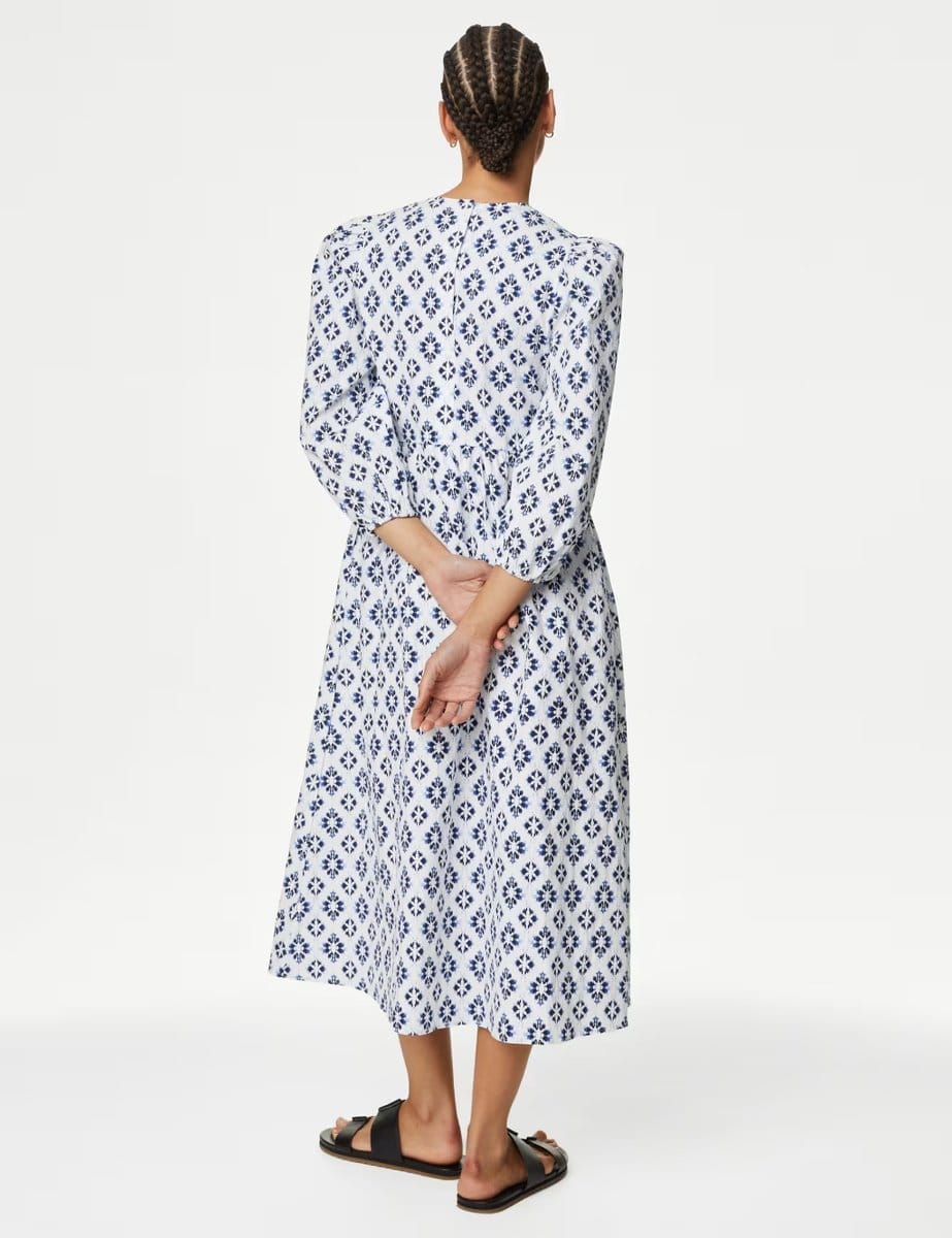 Marks & Spencer M&S Cotton Rich Printed Midi Waisted Dress Blue Mix - 4