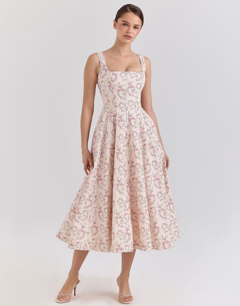 ASOS House of CB Mariabella cotton midi sun dress in cream floral print