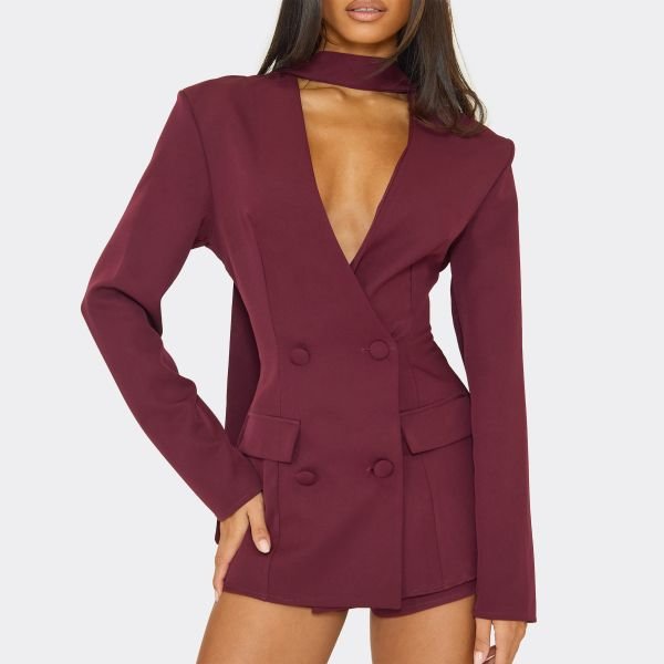 EGO Tie Neck Plunge Blazer Detail Playsuit In Burgundy, Women's Size UK 6 - 2