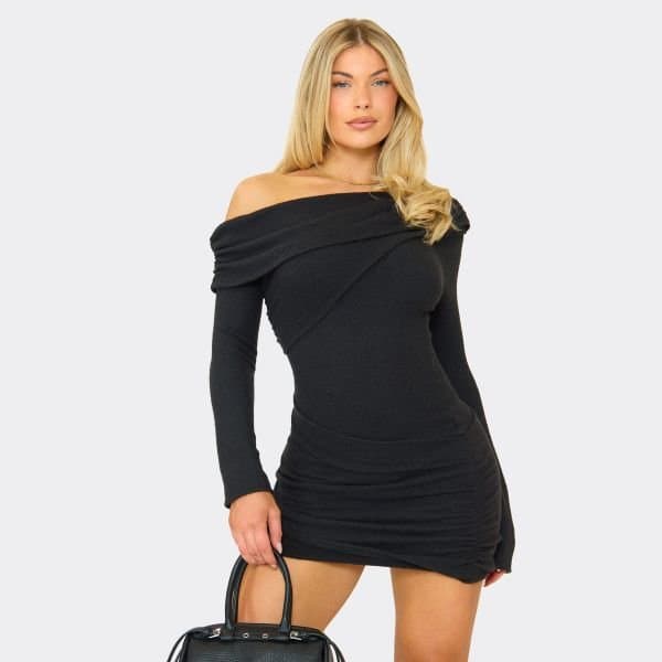 EGO Asymmetric Neck Overlay Mini Dress In Black Rib, Women's Size UK 6