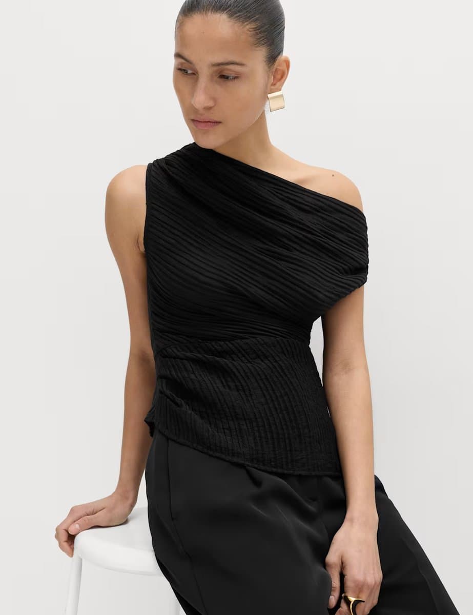 Marks & Spencer M&S Plisse Asymmetric Neck Bardot Top Black