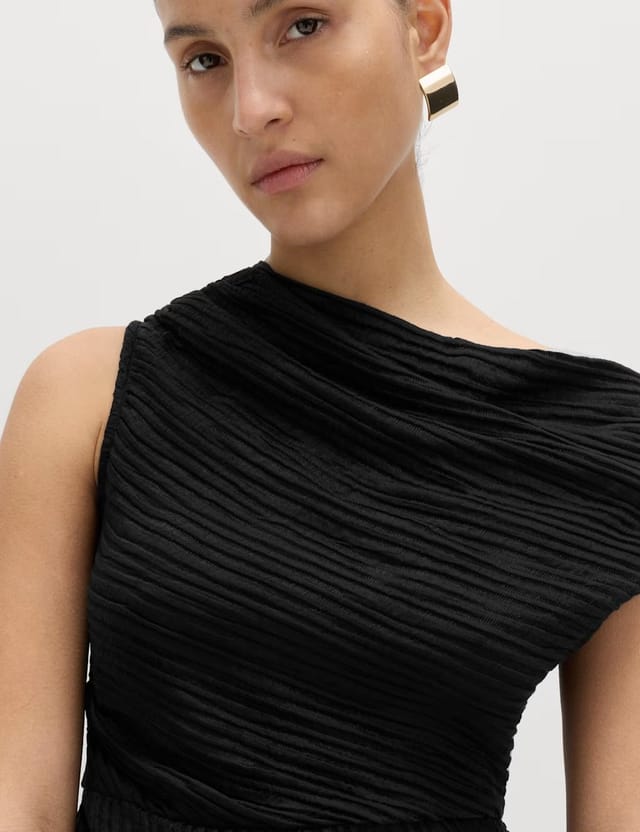Marks & Spencer M&S Plisse Asymmetric Neck Bardot Top Black - 2