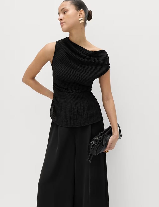 Marks & Spencer M&S Plisse Asymmetric Neck Bardot Top Black - 3