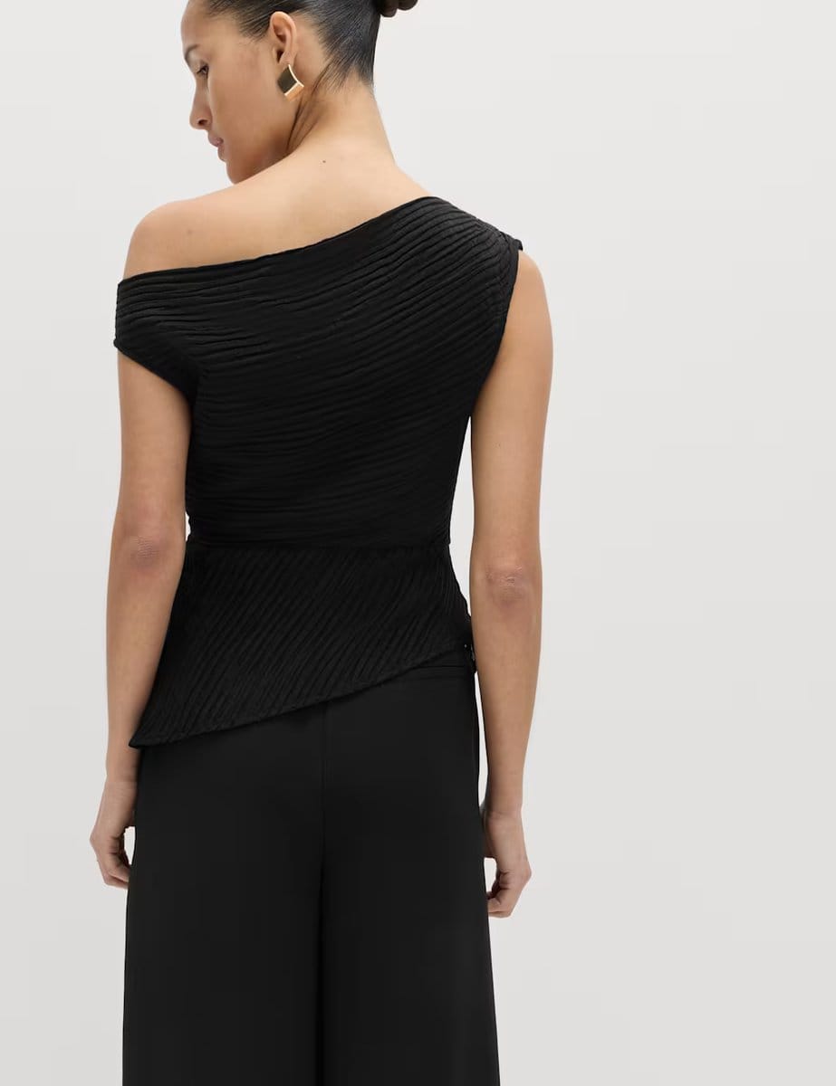 Marks & Spencer M&S Plisse Asymmetric Neck Bardot Top Black - 4