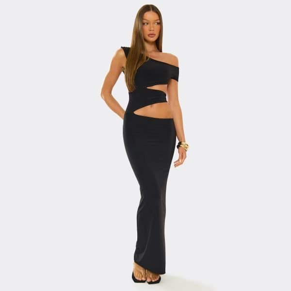 EGO Asymmetric One Shoulder Cut Out Maxi Dress In Black Slinky, Women's Size UK 10