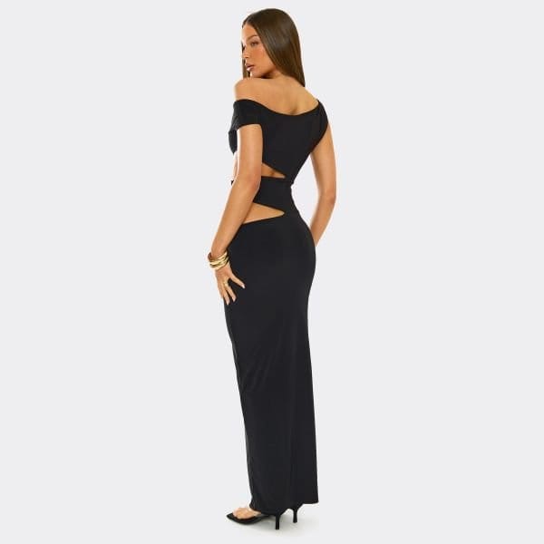 EGO Asymmetric One Shoulder Cut Out Maxi Dress In Black Slinky, Women's Size UK 10 - 2