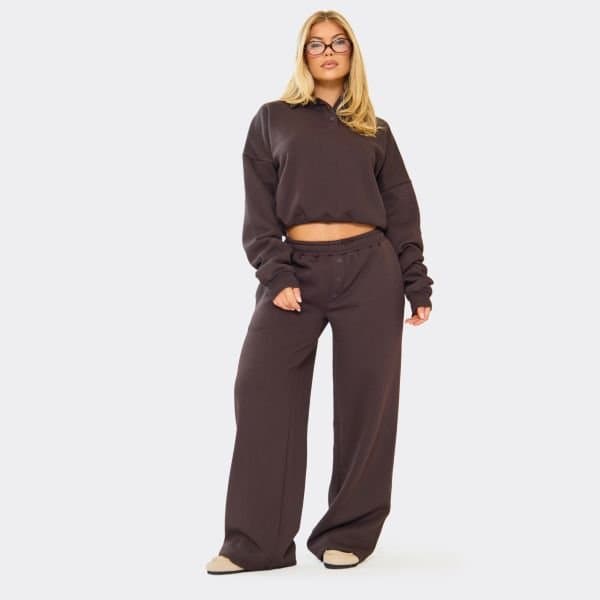 EGO Mid Rise Button Front Wide Leg Joggers In Chocolate Brown, Women's Size UK 4