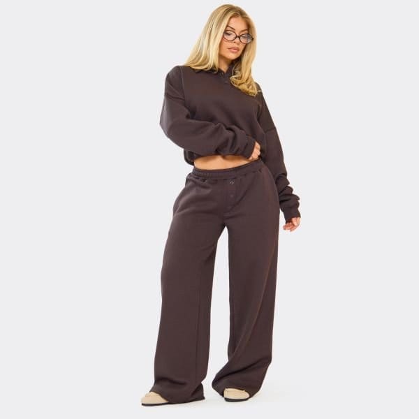 EGO Mid Rise Button Front Wide Leg Joggers In Chocolate Brown, Women's Size UK 4 - 2