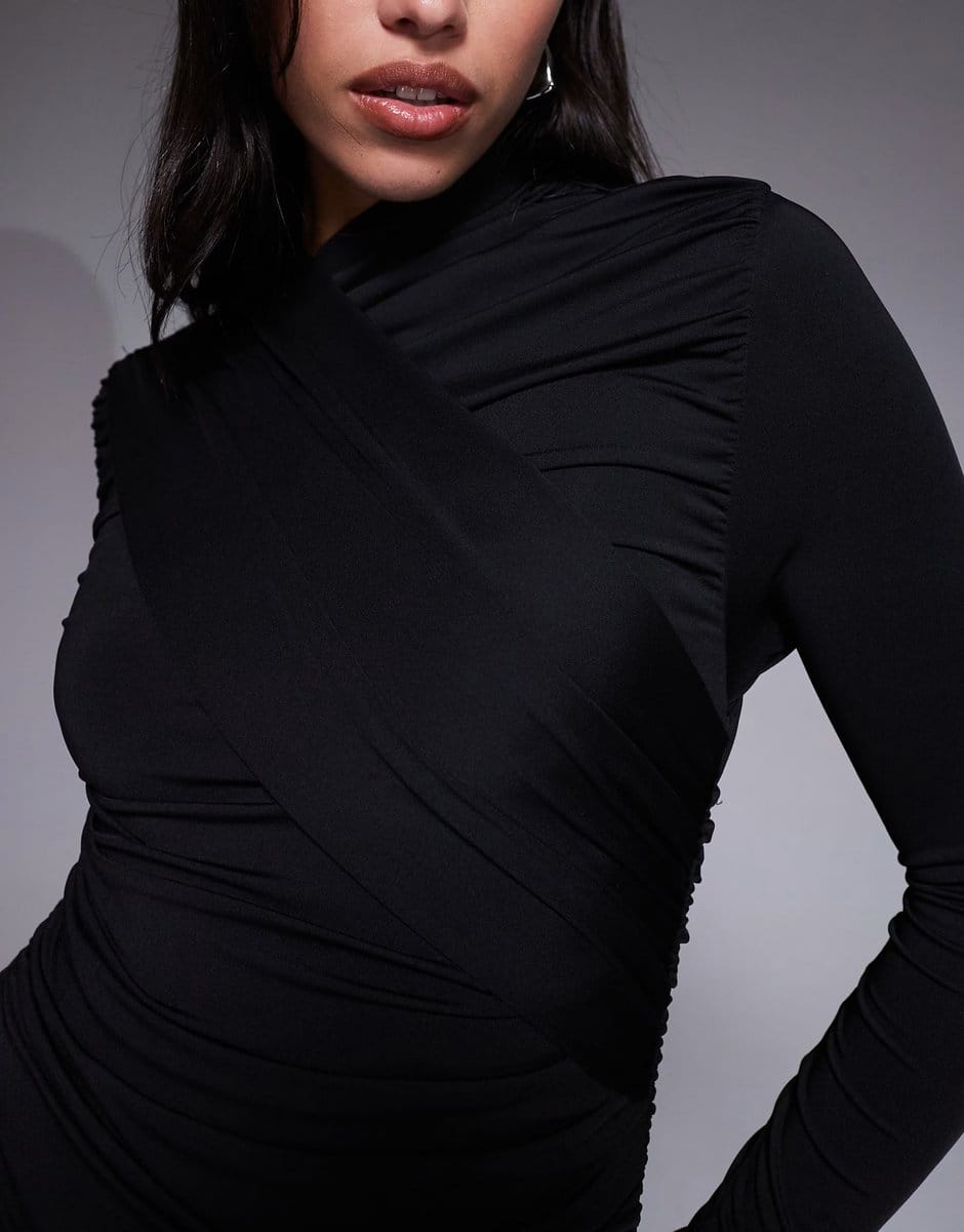 ASOS Ruched & Ready Miss Me sculpted cross over bust and skirt detail mini dress in black - 4