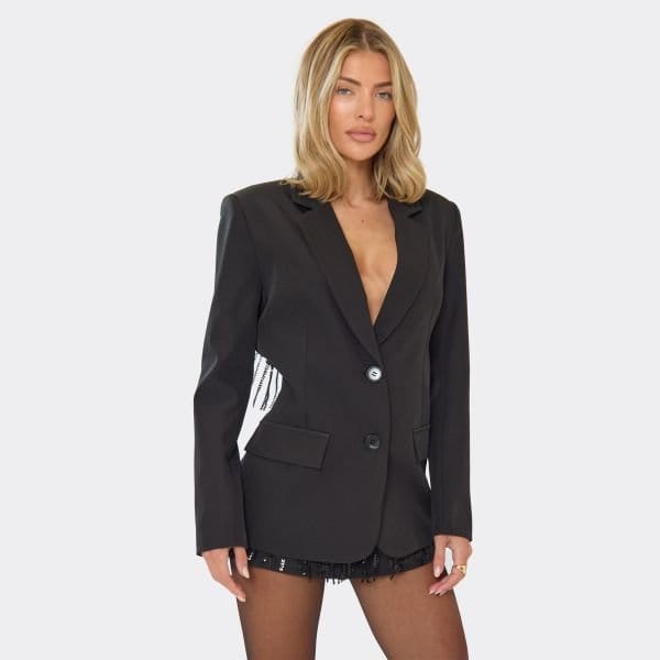 EGO Shoulder Pad Beaded Tassel Back Detail Blazer In Black, Women's Size UK 6 - 1