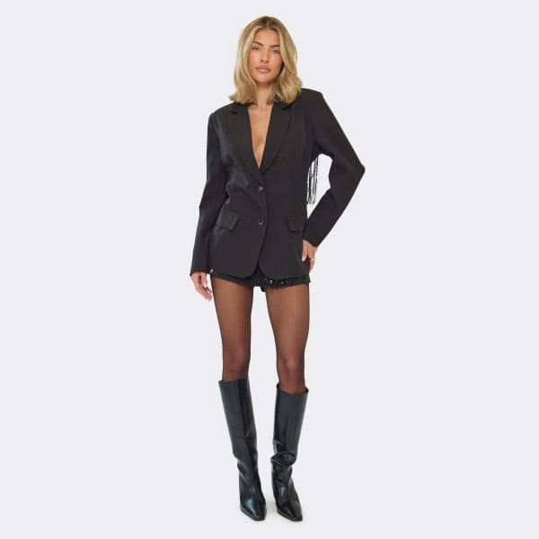 EGO Shoulder Pad Beaded Tassel Back Detail Blazer In Black, Women's Size UK 6 - 2