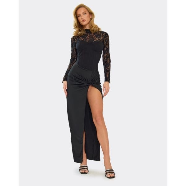 EGO High Neck Contrast Lace Long Sleeve Split Front Corset Maxi Dress In Black, Women's Size UK 6 - 2