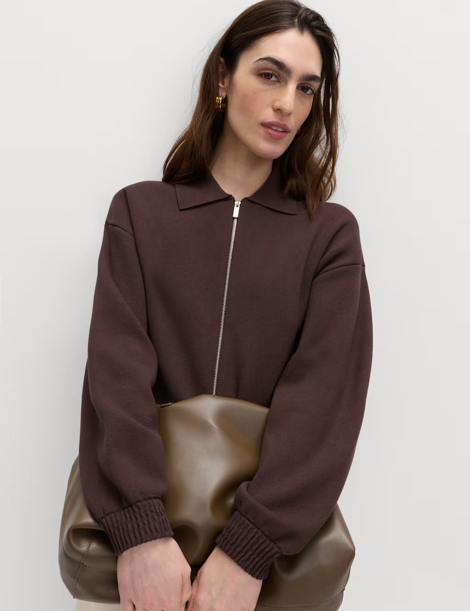 Marks & Spencer M&S Zip Up Knitted Collared Bomber Cardigan Brown - 4