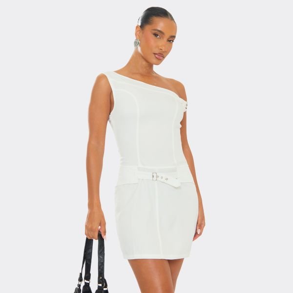 EGO One Shoulder Belt Detail Tailored Mini Dress In White, Women's Size UK 6 - 1