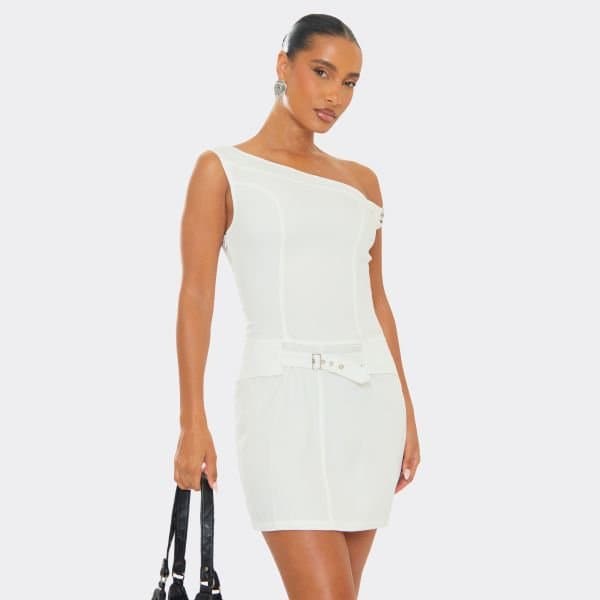 EGO One Shoulder Belt Detail Tailored Mini Dress In White, Women's Size UK 6