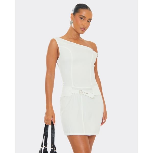 EGO One Shoulder Belt Detail Tailored Mini Dress In White, Women's Size UK 6 - 2