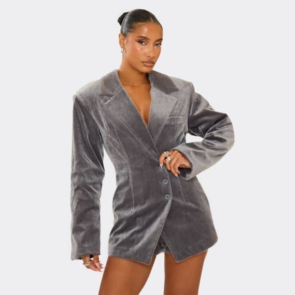 EGO Oversized Shoulder Pad Cinched Waist Blazer Playsuit In Grey Textured Pony Fur, Women's Size UK 6