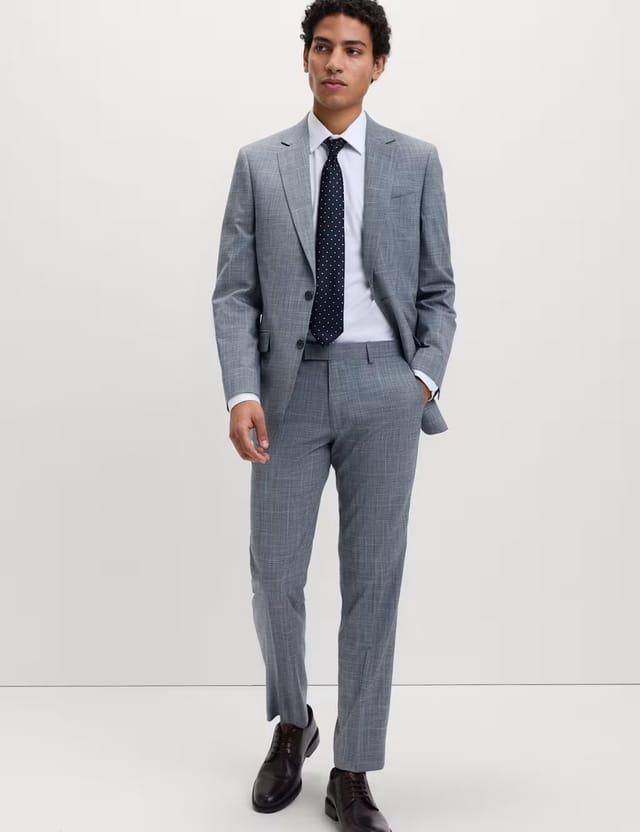 Marks & Spencer M&S Tailored Fit Check Stretch Trousers Mid Blue - 2