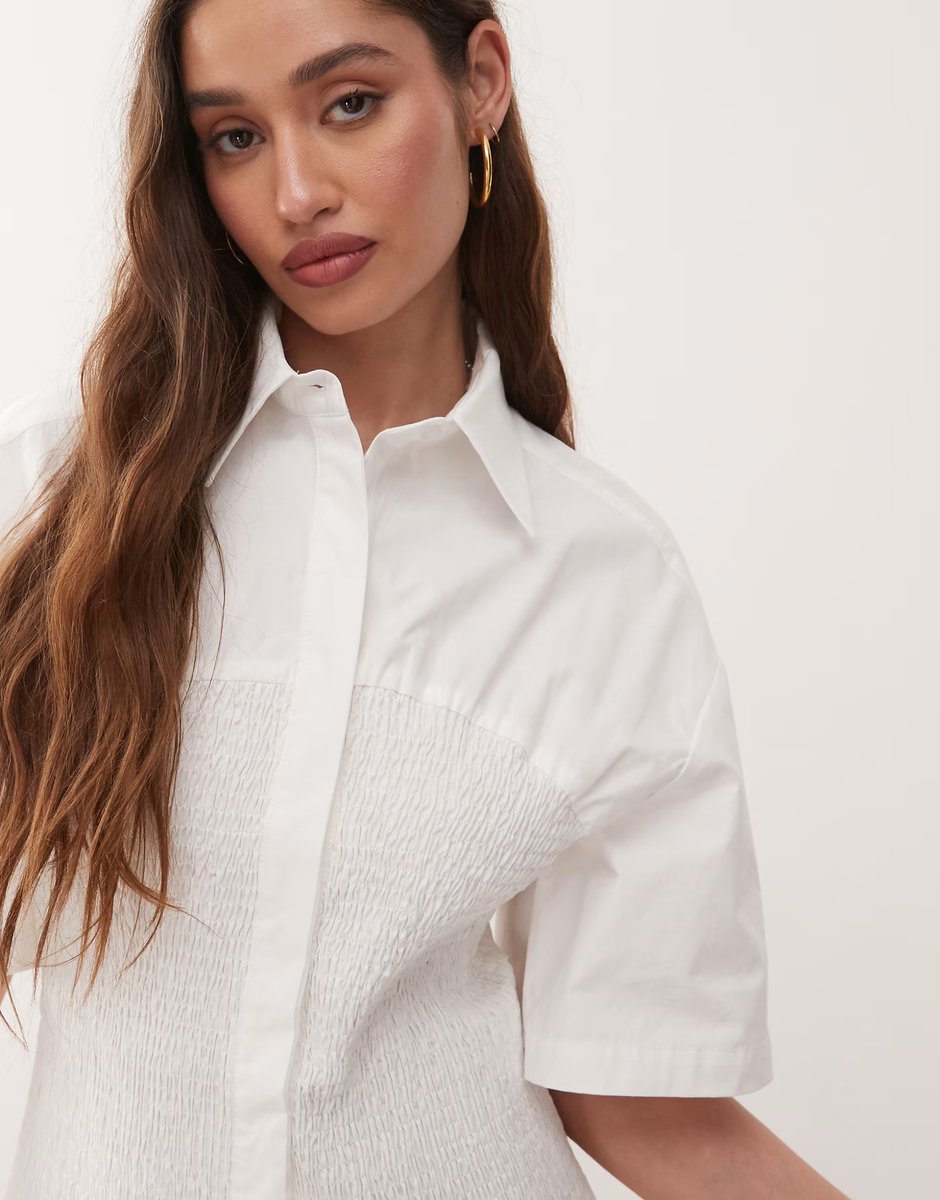 ASOS Amy Lynn smocked shirt mini dress with shirred bodice in white - 3