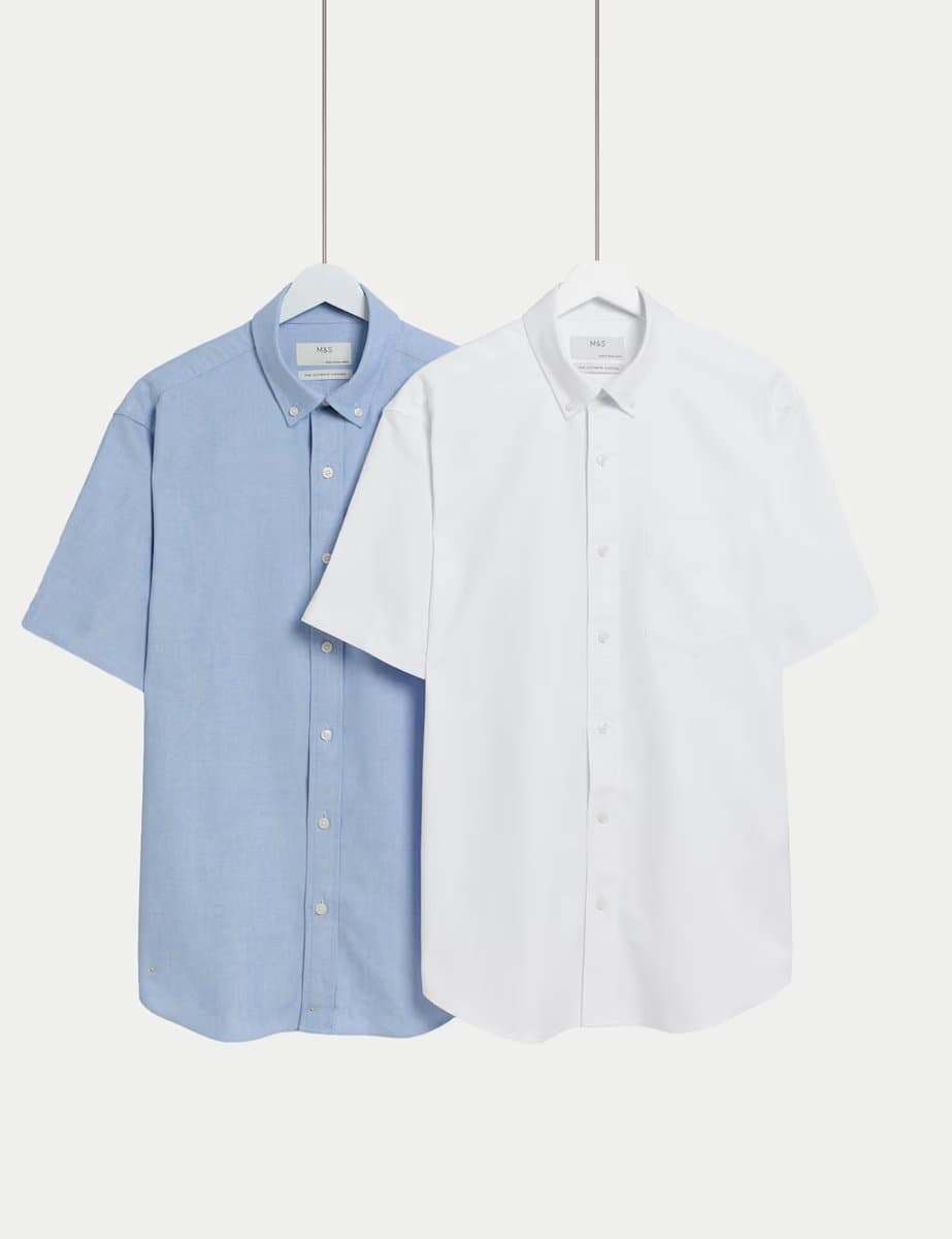 Marks & Spencer M&S Ultimate 2 Pack Short Sleeve Oxford Shirts Light Blue Mix