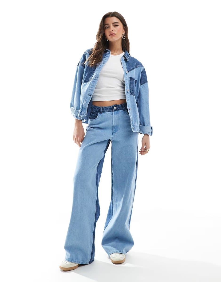 ASOS Pieces wide leg western detail jeans co-ord in light blue wash