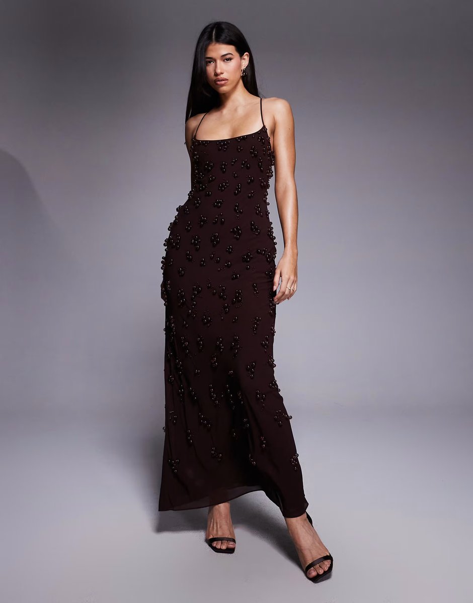 ASOS Mango Capsule textured strappy maxi dress in chocolate - 3