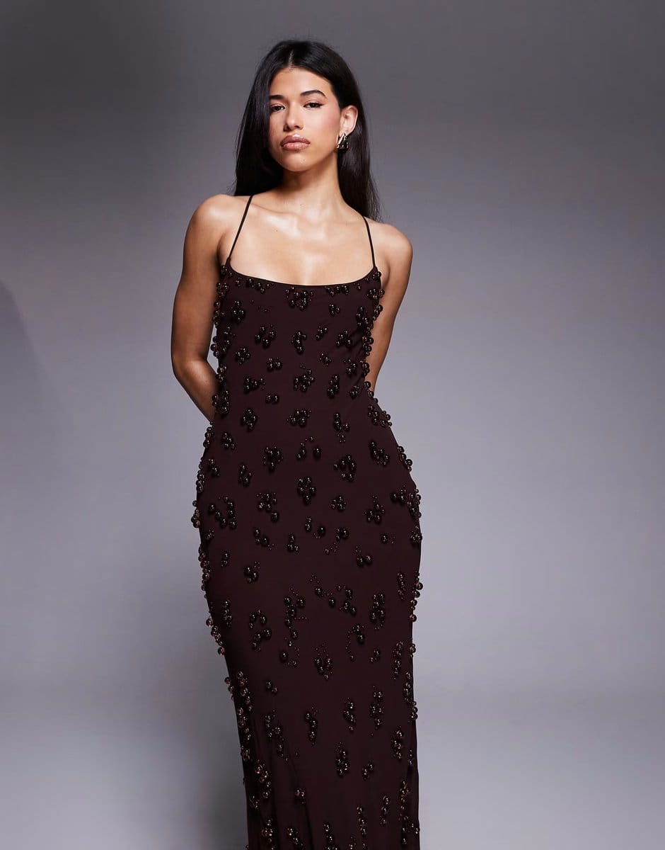 ASOS Mango Capsule textured strappy maxi dress in chocolate - 4