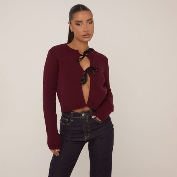 EGO Bow Tie Front Detail Cropped Cardigan In Burgundy Knit, Women's Size UK Large L