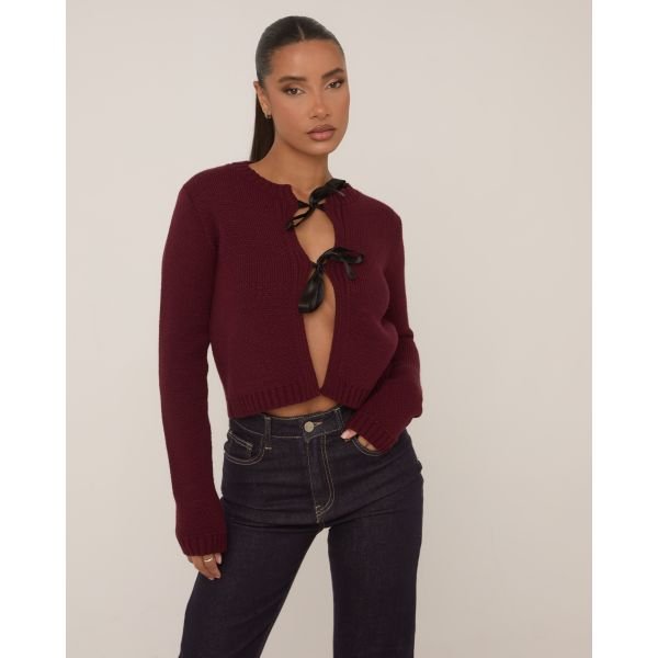 EGO Bow Tie Front Detail Cropped Cardigan In Burgundy Knit, Women's Size UK Large L - 2