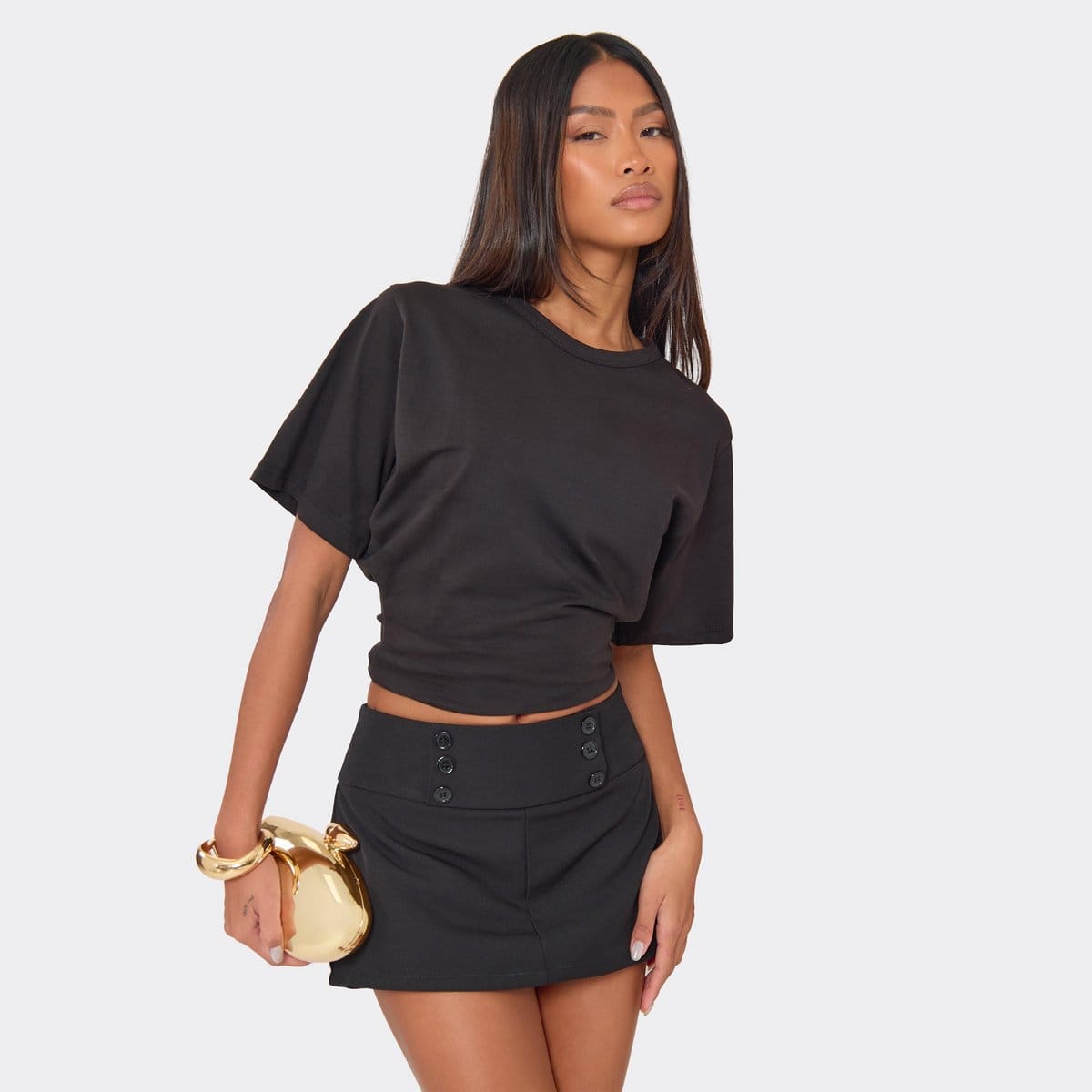 EGO Low Rise Button Front Tailored Skort In Black Woven, Women's Size UK 6 - 1