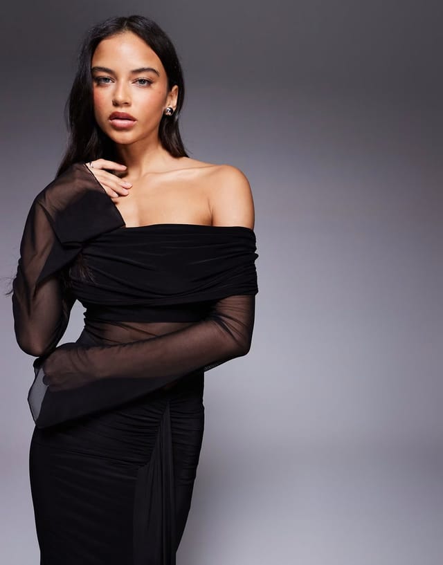 ASOS Kaiia exclusive double layered slinky foldover bardot sheer panel ruched skirt maxi dress in black - 3