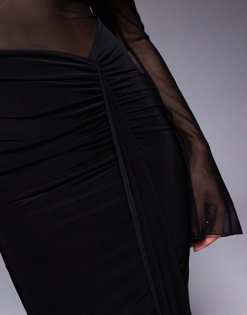 ASOS Kaiia exclusive double layered slinky foldover bardot sheer panel ruched skirt maxi dress in black - 4