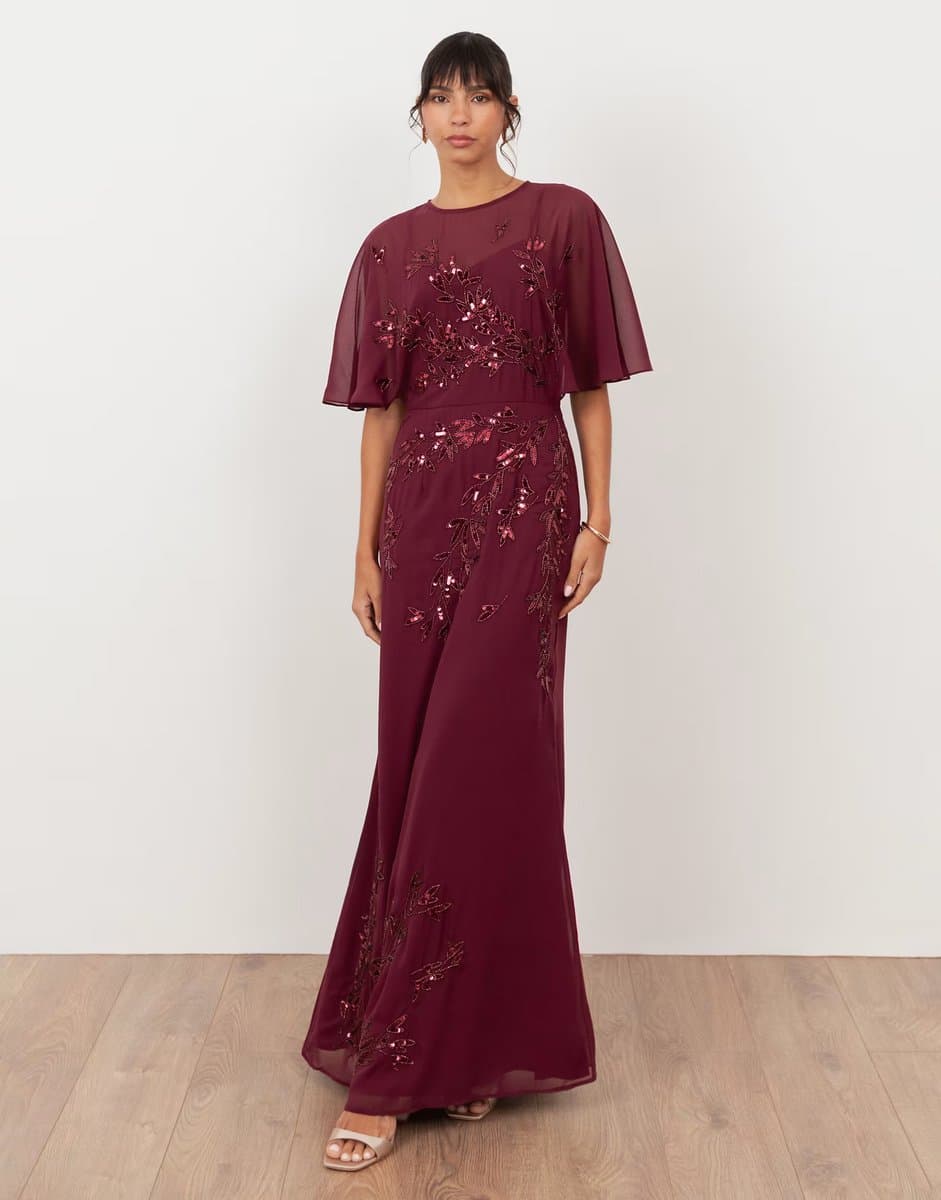 ASOS Maya Embellished angel sleeve maxi dress in cranberry