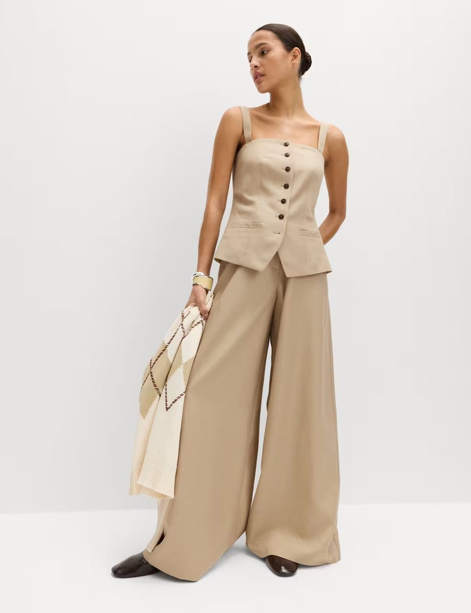 Marks & Spencer M&S Lyocell Rich Square Neck Waistcoat with Linen Sandstone - 1