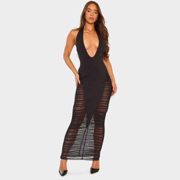 EGO Plunge Halterneck Contrast Ruched Panel Maxi Dress In Black, Women's Size UK 6