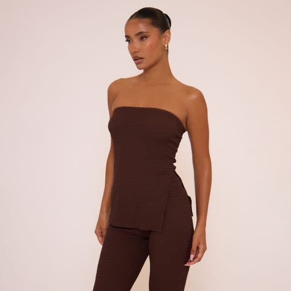 EGO Bandeau Split Side Detail Longline Top In Brown Texture, Women's Size UK 10