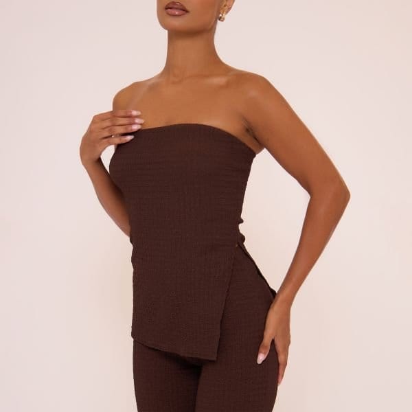 EGO Bandeau Split Side Detail Longline Top In Brown Texture, Women's Size UK 10 - 2