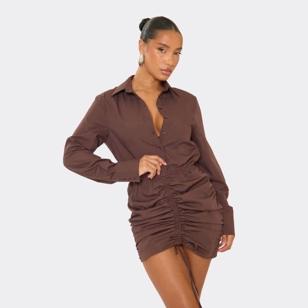 EGO Long Sleeve Ruched Front Shirt Dress In Chocolate Brown, Women's Size UK 6 - 1