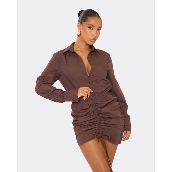 EGO Long Sleeve Ruched Front Shirt Dress In Chocolate Brown, Women's Size UK 6 - 2