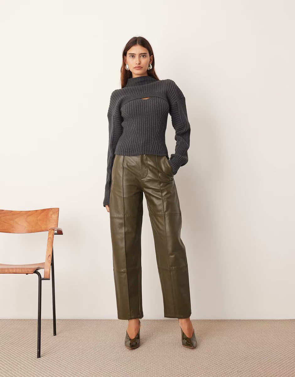 ASOS ASOS ARRANGE Olive Green Leather Slim Trousers