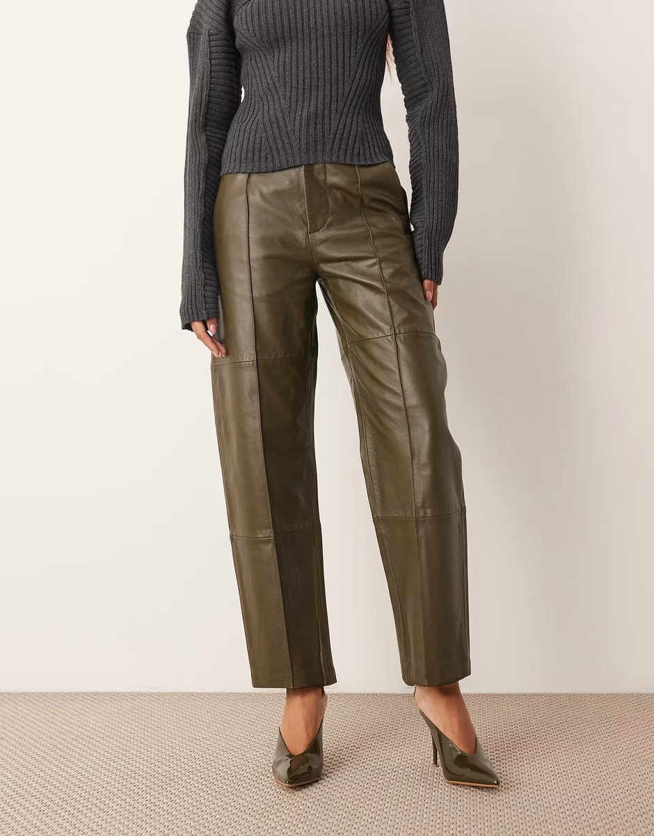 ASOS ARRANGE leather slim trouser in olive green - 3