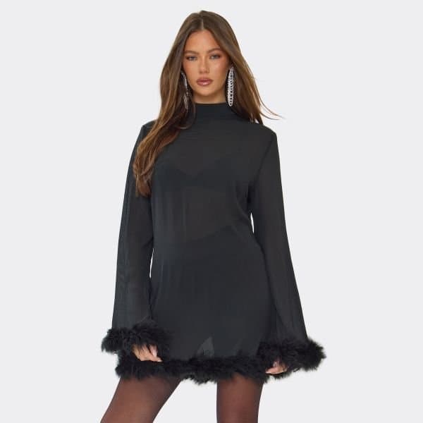 EGO High Neck Long Sleeve Feather Trim Detail A-Line Mini Dress In Black, Women's Size UK 6