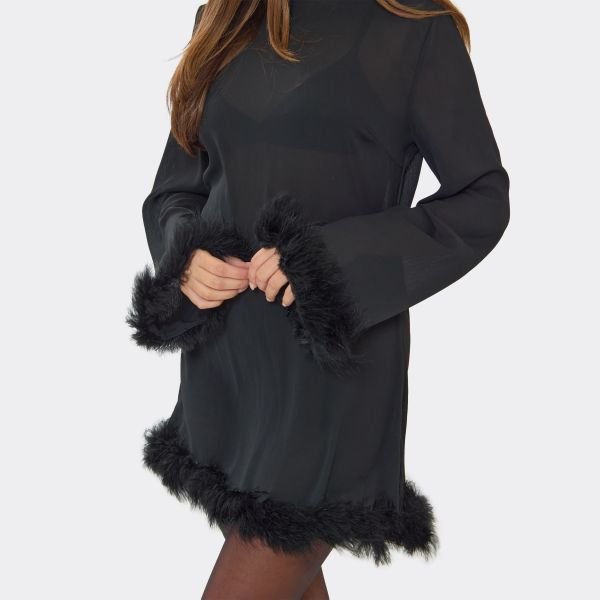 EGO High Neck Long Sleeve Feather Trim Detail A-Line Mini Dress In Black, Women's Size UK 6 - 2